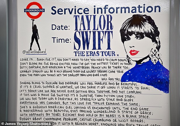A London Underground service information board pays tribute to Taylor swift at Wembley Park station today