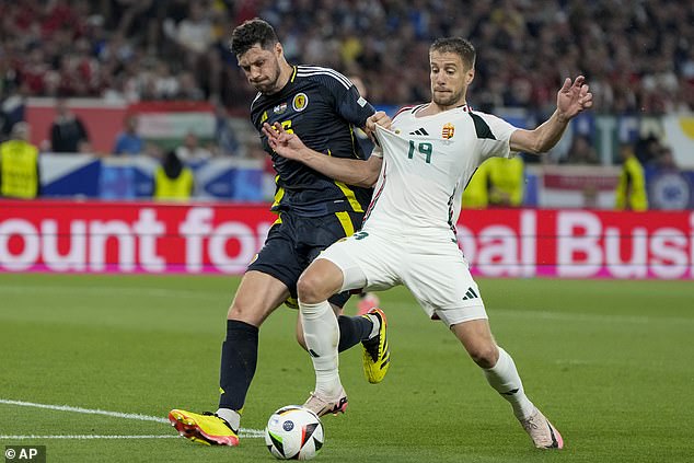 Varga (right) was seen struggling for possession of the ball with Scotland's Scott McKenna early in the match.