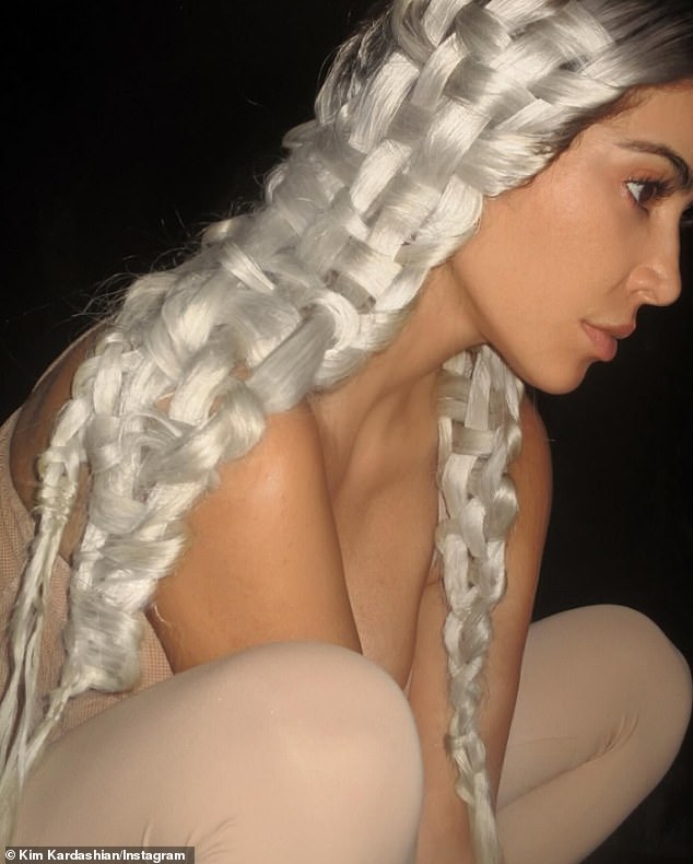 Kim Kardashian rocks sheer nude top with leggings – with her platinum locks in woven-style braids