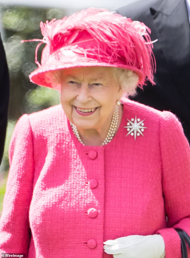 The brooch was given to the Queen in 1981, although its origin remains a mystery. Above: The Queen wearing the brooch at Royal Ascot in 2019