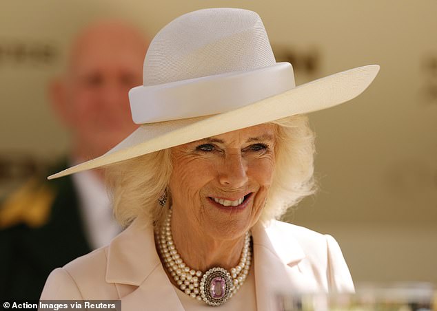 Camilla skipped the brooch on her last day and wore a five-strand pearl choker with stunning pink topaz from her personal collection