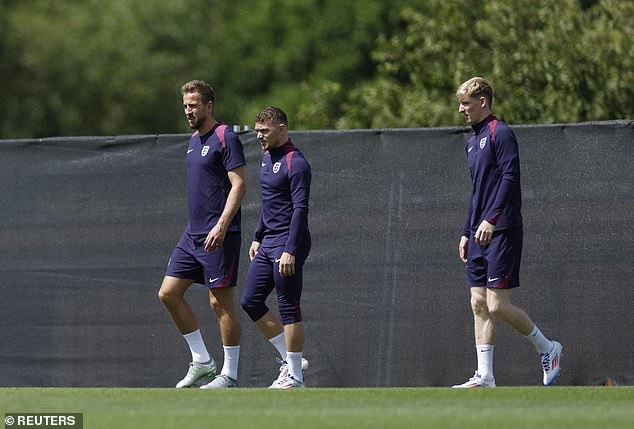 England's full 26-player squad took part in Monday's session at Blankenhain, including Harry Kane (left), Kieran Trippier (centre) and Anthony Gordon (right).