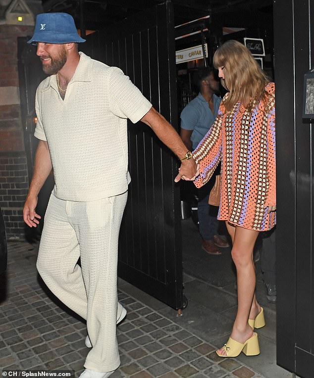 Taylor Swift is hand-in-hand with Travis Kelce as they leave Chiltern Firehouse in the early hours after celebrating the end of her Wembley shows with Sophie Turner, Peregrine Pearson and  Ellie Goulding