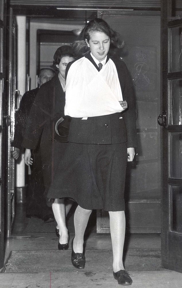 In 1964, Anne suffered a broken finger after it got caught in a bridle while horseback riding at her school in Benenden, Kent. Above: The Princess Royal leaves King Edward VII Hospital with her hand bandaged
