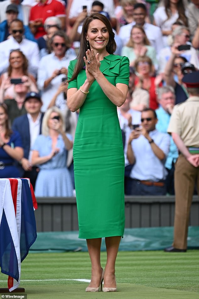 Kate was the epitome of elegance in an emerald green pencil dress by Roland Mouret as she presented Carlos Alcaraz with the men's singles final in 2023