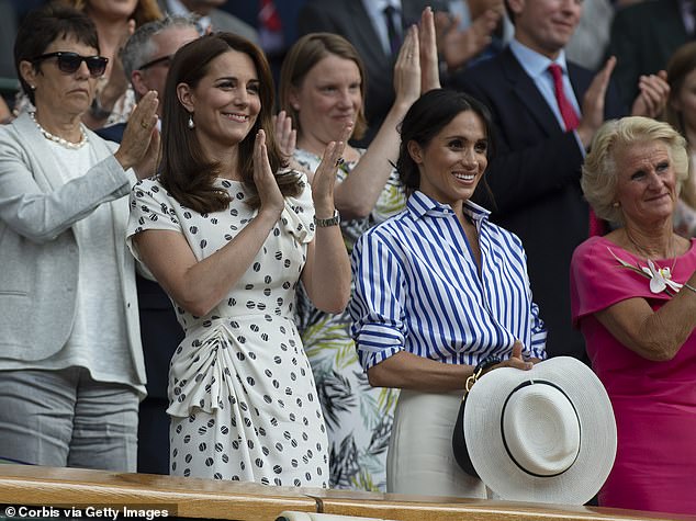 Kate conducted her first engagement with Meghan Markle at the All England Club in 2018. Above: The pair watching the women's singles finals