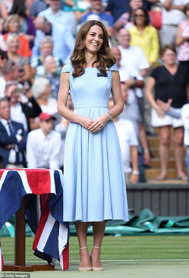 At the Wimbledon men's finals in 2019, Kate debuted a new Emilia Wickstead dress in a charming baby blue hue
