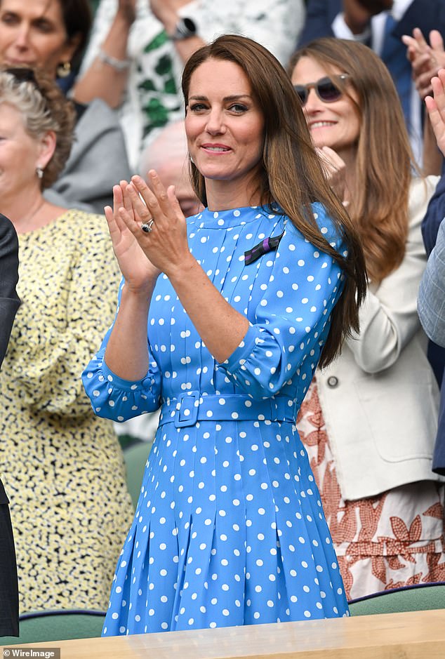 For day nine of Wimbledon in 2022, Kate repeated her sky blue Alessandra Rich polka dot dress, characterised by a fit-and-flare silhouette and knife pleats