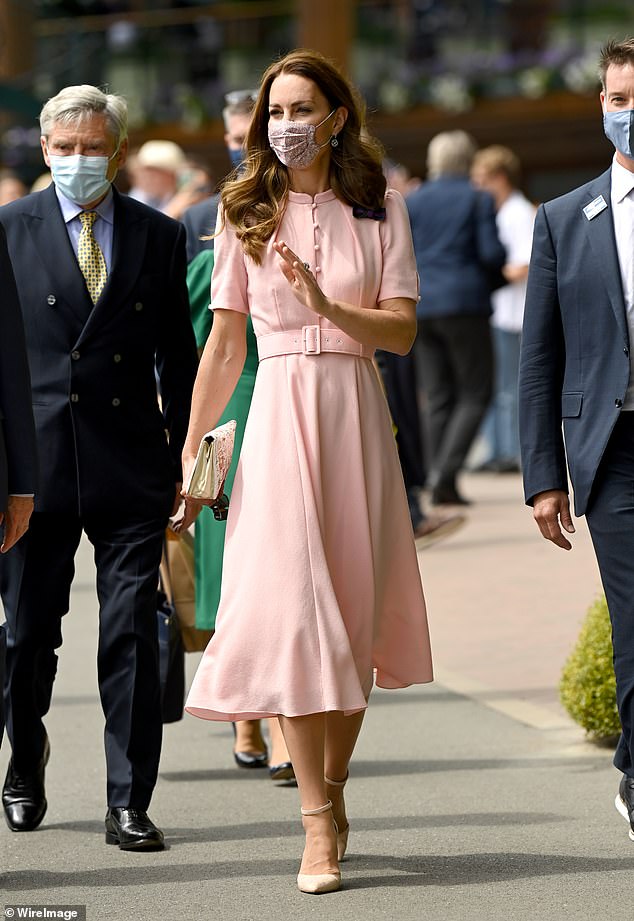 Kate debuted her blush 'Ahana' dress by Beulah at Wimbledon in 2021 with Aldo shoes, a Josef clutch and sparkling diamond earrings by Mappin & Webb. Above: Kate with her father Michael at Wimbledon in 2021 on the day of the men's singles final