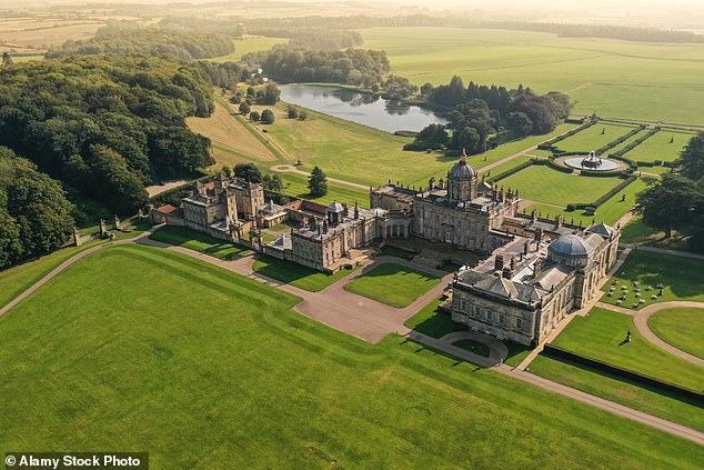 An aerial drone landscape of the Castle Howard estate in 2020