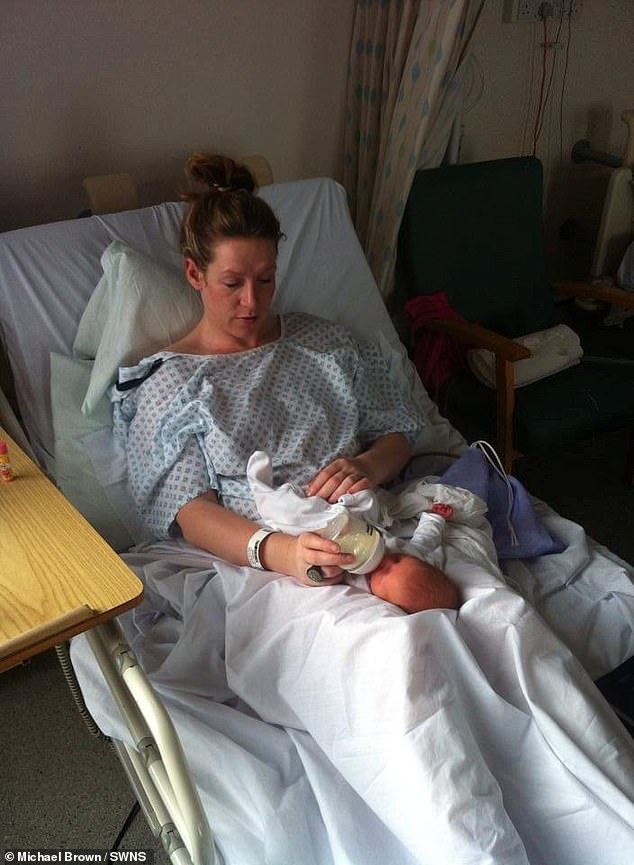 Over the course of 10 years, Ms Pelan has undertaken more than 60 rounds of chemotherapy — and has taken five types of medication like vinorelbine and paclitaxel. Pictured, Roisin Pelan in hospital with new born Ivy