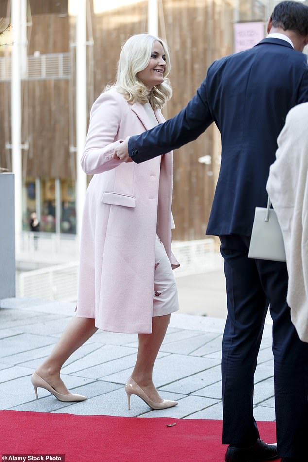 Norway's Crown Princess Mette-Marit's heel got stuck in a crack between two flagstones as she arrived for a reception at the Astrup Fearnley Museum with her husband, Crown Prince Haakon, in 2017.