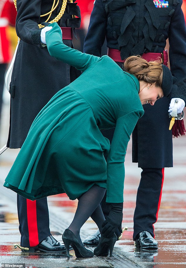 Catherine, Princess of Wales, got her shoe stuck in the net during the 2013 St Patrick's Day parade at Mons Barracks in Aldershot. Luckily, Prince William was able to provide assistance
