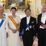 Queen Camilla wears King Charles’ new Family Order for the first time, debuting the special badge during the glittering State Banquet hosted for the Emperor and Empress of Japan at Buckingham Palace