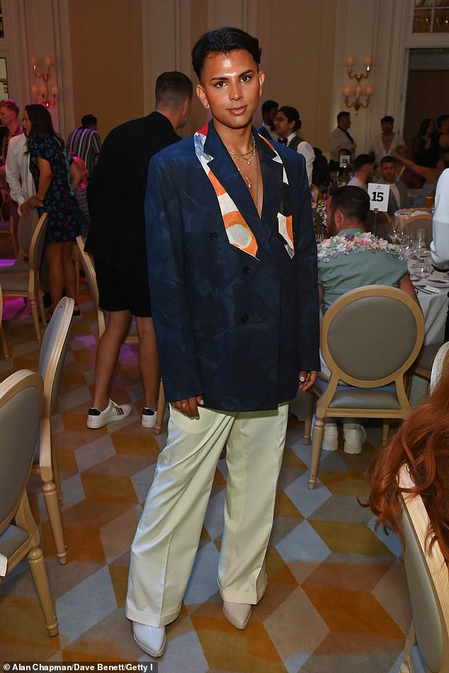 Actor Jason Patel looked sharp in a navy velvet jacket, with a colourful scarf and a slew of delicate chain necklaces