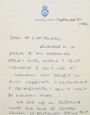 Other letters to Ms Pendrey reveal Diana's joy about motherhood. In one, she explained she wanted 'lots' of children after the birth of Prince William on June 21, 1982. She wrote from Balmoral Castle on September 8: 'Enclosed is a photograph of an extremely proud and lucky mother and I just wanted to know if you would like it!'