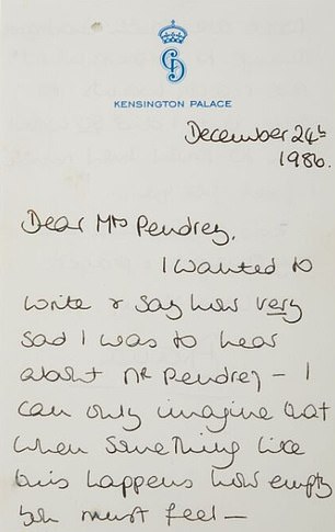 On December 24, 1986, Diana wrote to Mrs Pendrey to offer her condolences on her husband's death. She said: I wanted to write to say how sorry I am to hear about Mr Pendrey.