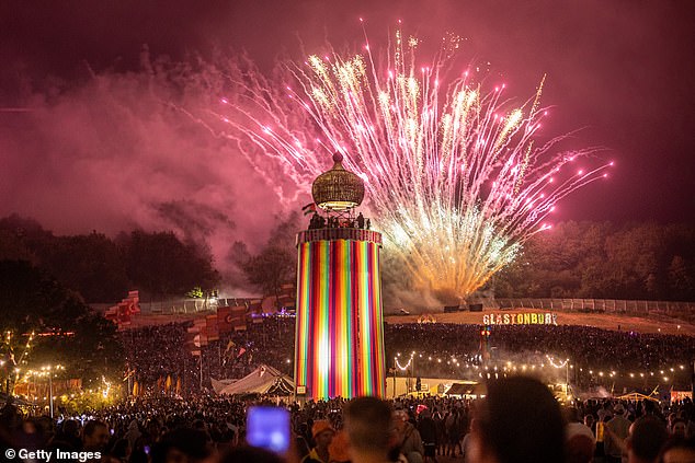 Ahead of Glastonbury, the non-profit organisation, which recently carried out drug checks at Manchester's Parklife festival, warned that young people who came of age during Covid were 'particularly at risk'. Pictured, fireworks go off above the site at the end of the first day of Glastonbury Festival 2024 yesterday