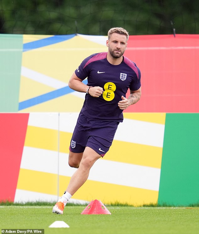 Luke Shaw (pictured) has also been spotted training with the squad as the England full-back continues his recovery from injury.