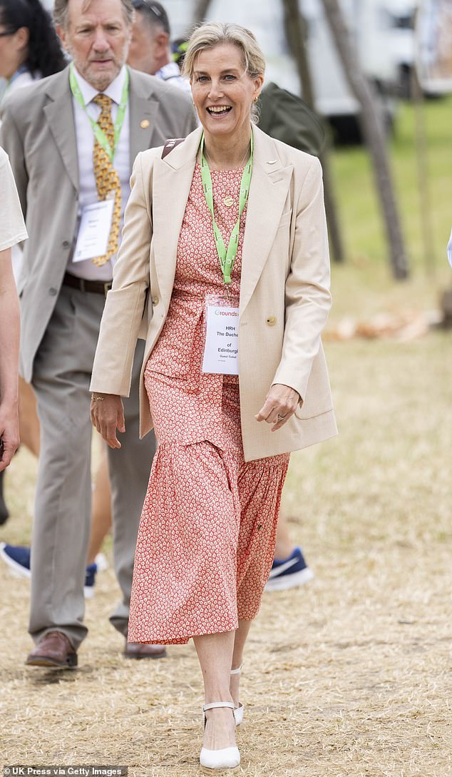 Pictured: Sophie, Duchess of Edinburgh looked pretty in pastel hues as she attended a seminar during a visit to the Groundswell Agricultural Festival Show.