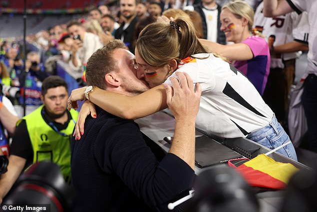 The Euros’ ‘most amorous manager’! Germany’s Julian Nagelsmann can’t keep his hands off reporter girlfriend Lena Wurzenberger – and welcoming the WAGs is all part of his plan despite her causing ‘problems’ in his last job