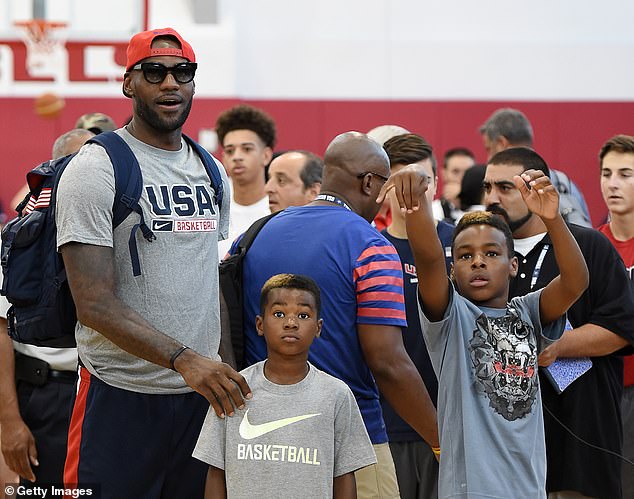 LeBron James and his sons Bryce James and Bronny seen at Team USA practice in 2015