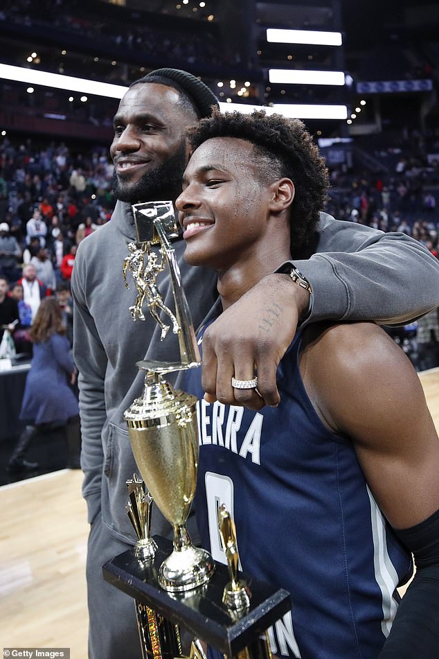Sierra Canyon High School's LeBron 'Bronny' James Jr. with his father LeBron in 2019