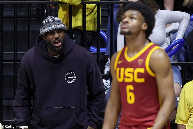 LeBron James yells at Bronny during USC's game against Cal in February of 2024