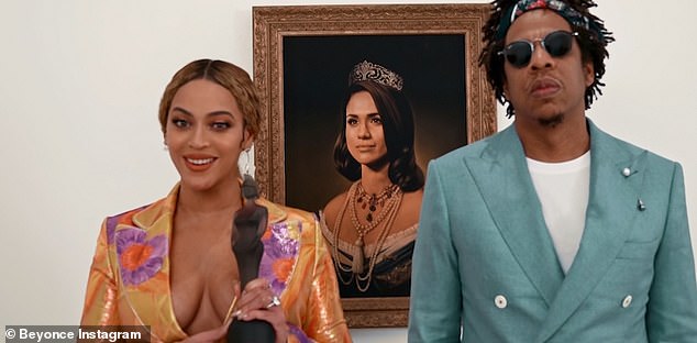 In a spoof of their Apes**t video, which saw Beyoncé and Jay Z stand in front of the Mona Lisa at the Louvre, the superstar couple posed in front of a portrait of Meghan Markle wearing a crown.
