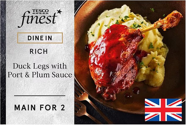 Tesco's £12 dine-in dinner form their 'finest' range allows customers to choose a main, side, dessert and a drink. A meal including the Duck Legs with Port & Plum Sauce (456 cal), the side of Creamy Buttery Mash (279 cal) a Melt in The Middle Chocolate Fondant for dessert (510 cal) comes to 1,245 calories