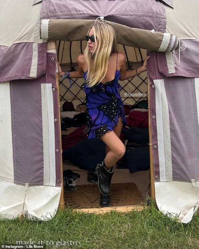 Lila Moss also showed off her model physique in a slinky purple mini dress from Rat & Boa as she shared an Instagram snap from her luxurious yurt at the festival