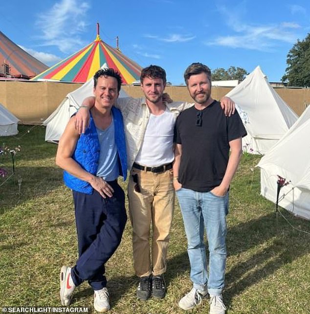 Paul Mescal (centre) behaved like a normal person on Saturday when he reunited with his All of Us Strangers co-star Andrew Scott (left) at the Glastonbury Festival at Worthy Farm.
