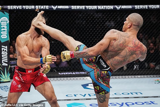 Pereira landed a powerful kick to his opponent's head in the second round, knocking him down.