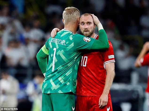 Denmark's defeat was hard to accept as some marginal decisions went against them, leaving Kasper Schmeichel (left) fuming at the officials' lack of 'common sense'.