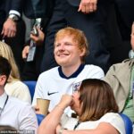 Ed Sheeran is in high spirits as he joins England fans for the Three Lions’ knockout match against Slovakia – but things get off to a lacklustre start as they fall behind