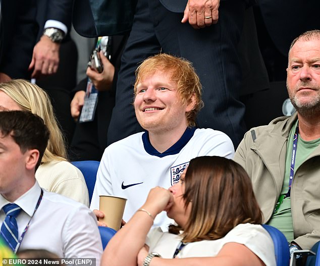 Ed Sheeran is in high spirits as he joins England fans for the Three Lions’ knockout match against Slovakia – but things get off to a lacklustre start as they fall behind