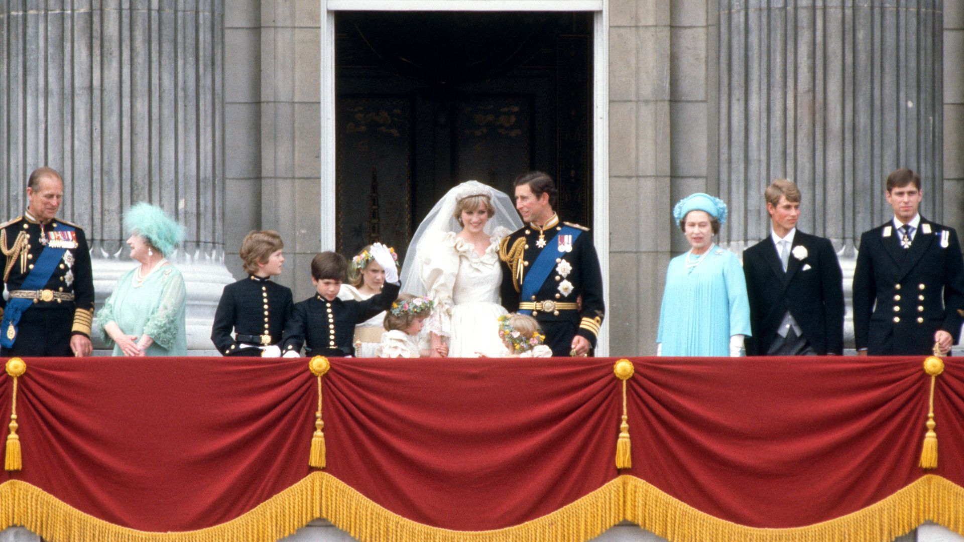 Charles and Diana with their families on the balcony of Buckingham Palace after the wedding