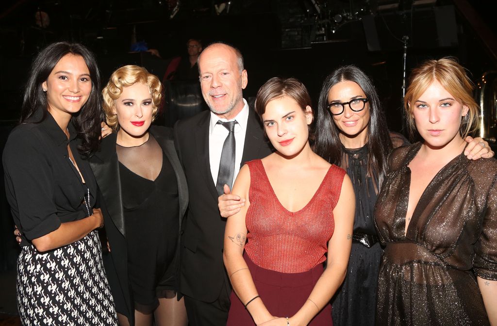 NEW YORK, NY - SEPTEMBER 21: (SPECIAL COVERAGE) (L-R) Emma Heming, Rumer Willis, father Bruce Willis, sister Tallulah Belle Willis, mother Demi Moore and sister Scout LaRue Willis pose backstage as Rumer makes her Broadway debut. "Roxie Hart" At Broadway "Chicago" at The Ambassador Theatre on Broadway in New York City on September 21, 2015. (Photo: Bruce Glikas/FilmMagic)