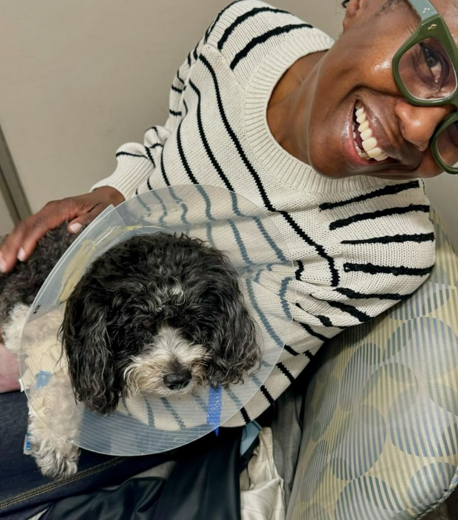 Photo shared by Deborah Roberts on May 5, 2024 sharing with fans that her and Al Roker's dog Pepper had an unexpected collapse and is recovering after emergency surgery