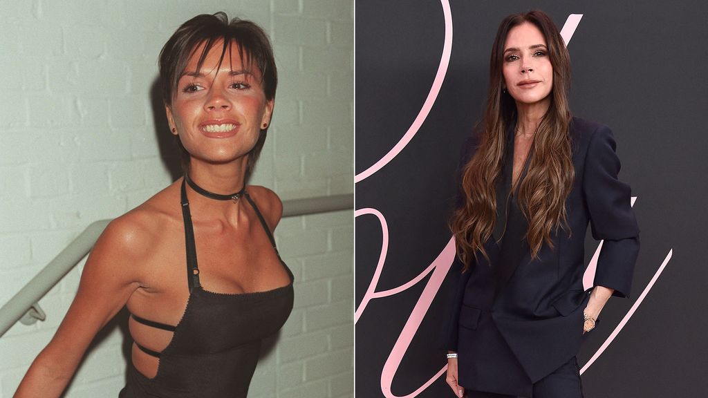 Young Victoria Beckham in a black dress and now in a Victoria suit
