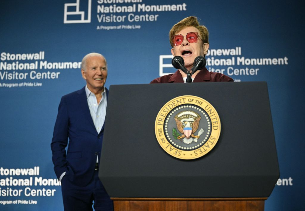 British musician Elton John speaks during the grand opening ceremony of the Stonewall National Monument Visitor Center in the presence of US President Joe Biden
