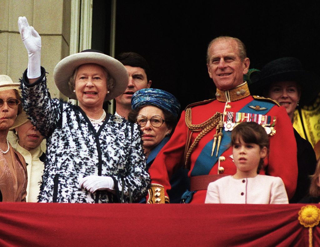 Princess Eugenie on the balcony with the late Queen and Prince Philip