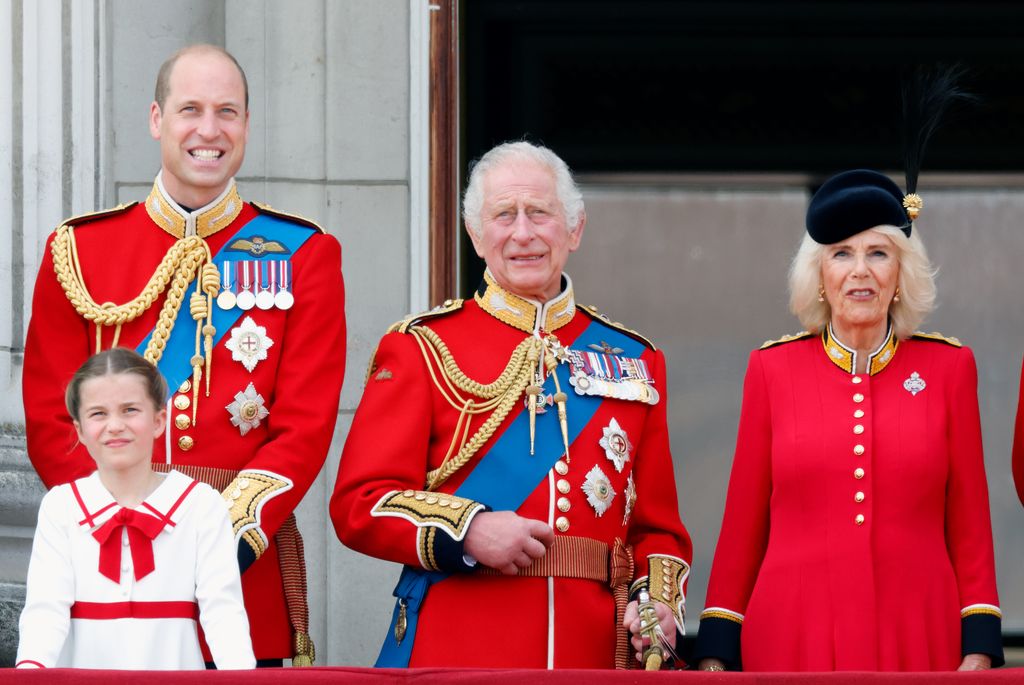 King Charles standing next to Prince William and Queen Camilla at Trooping the Colour in 2023 