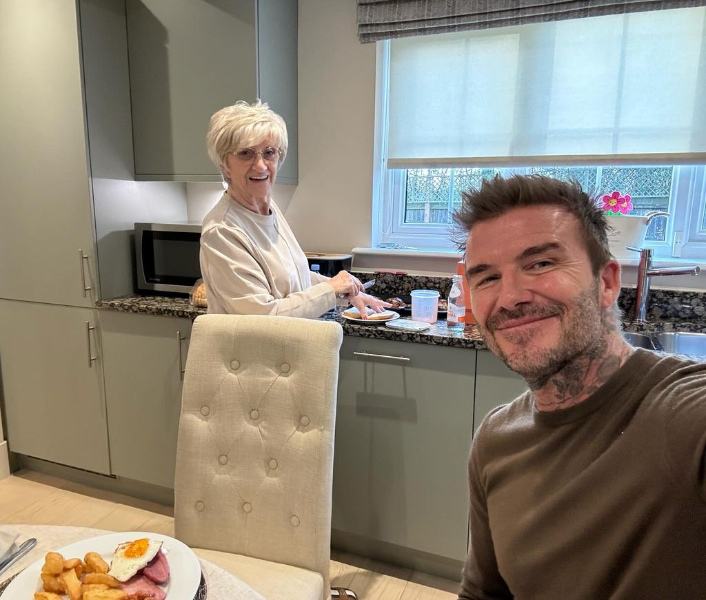 David Beckham eating gammon eggs and chips with his mother Sandra