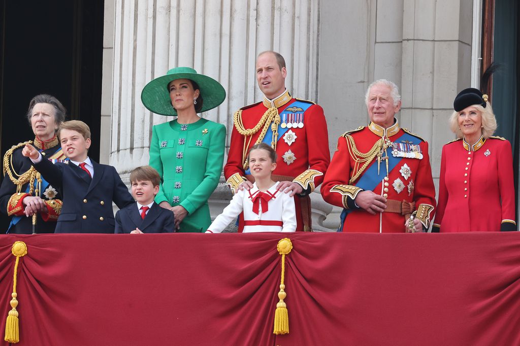 Princess Anne, Prince George, Prince Louis, Princess Kate, Prince William, Princess Charlotte, King Charles and Queen Camilla on the balcony of Buckingham Palace