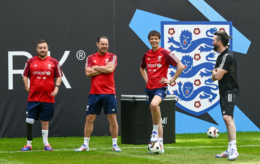 England's Alex Brooker, Danny Dyer and Bobby Brazier take part in a skills challenge during training