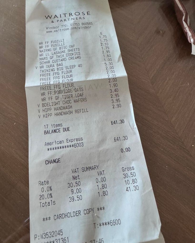 Dylan Dreyer shared a photo of his grocery bill from UK supermarket Waitrose 