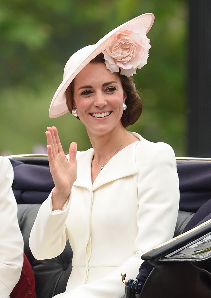 Catherine, Duchess of Cambridge attends this year's Trooping the Colour to mark the Queen's official 90th birthday on The Mall in London, England, on June 11, 2016. The ceremony is the annual birthday parade of Queen Elizabeth II and dates back to the time of Charles II in the 17th century, when regimental colours were used to rally troops in battle.