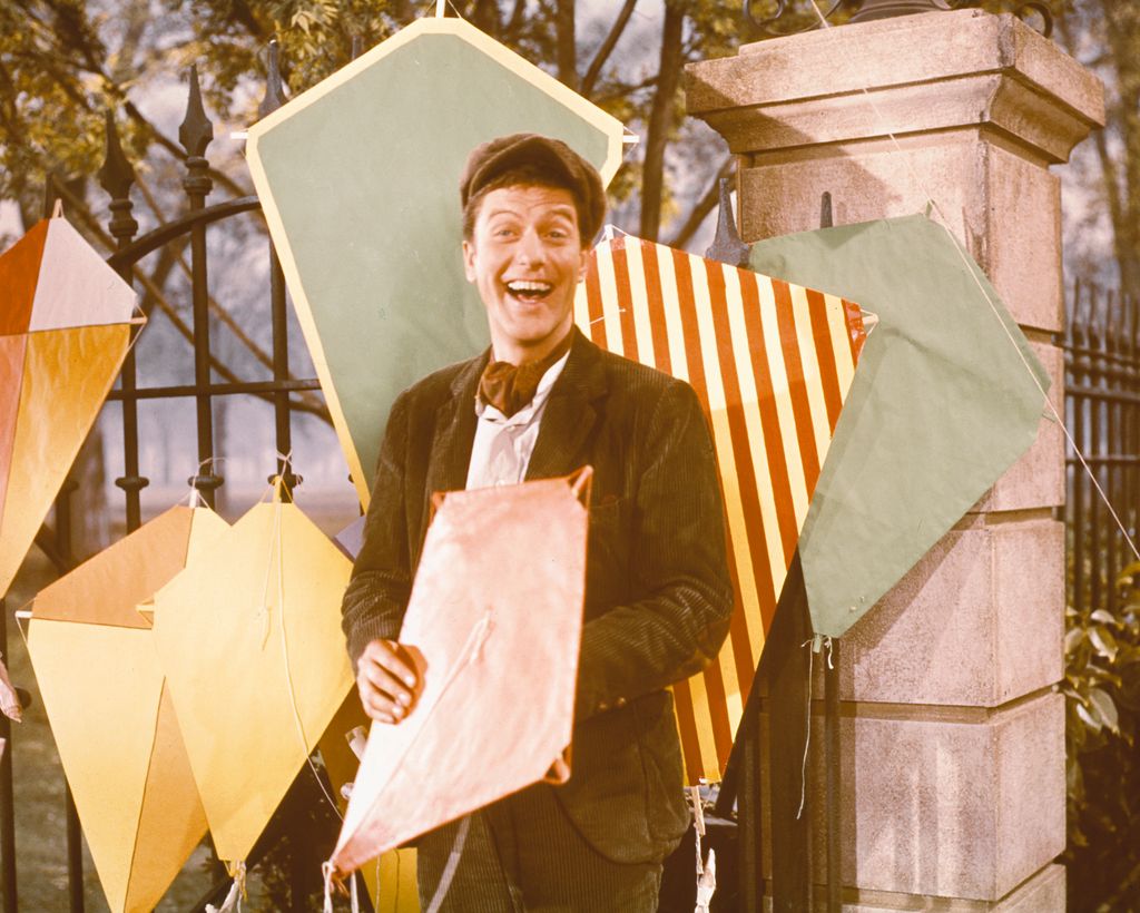 Dick Van Dyke, American actor, stands with a variety of kites for a promotion for the film 'Mary Poppins', United States, 1964. Van Dyke played 'Bert' in this musical film directed by Robert Stevenson.
