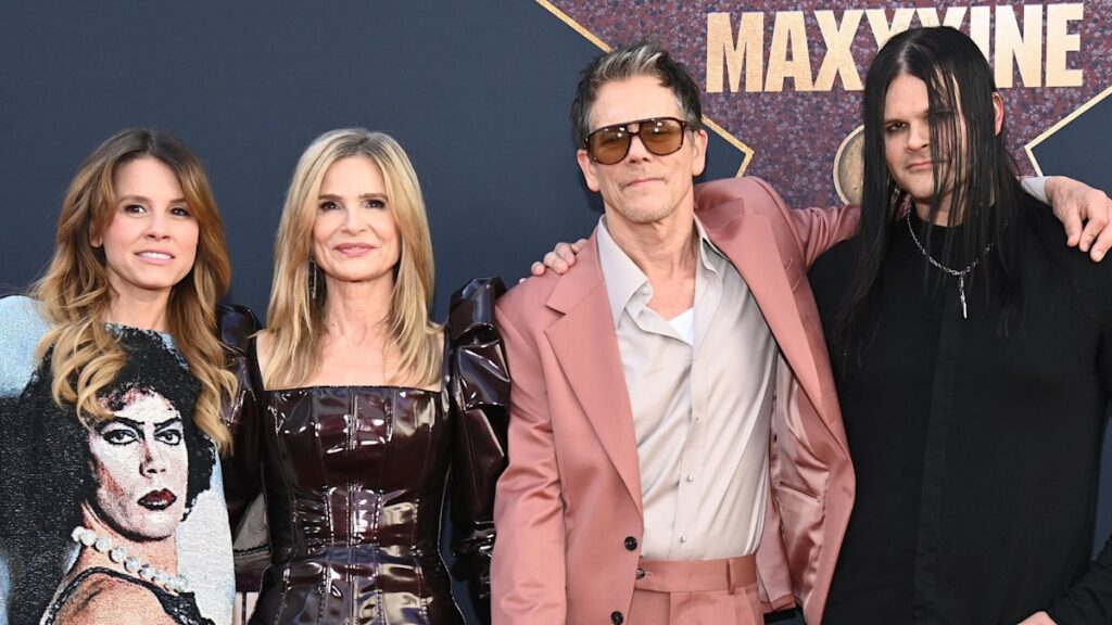 Kyra Sedgwick wows in leather mini dress in rare outing with Kevin Bacon and lookalike kids